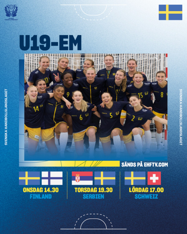 I eftermiddag är det dags för EM-premiär för U19-damerna. De ställs mot Finland i första matchen och senare i gruppspelet även mot Serbien och Schweiz. Samtliga matcher sänds på EHFtv.com.Läs mer och se hela truppen på Handbollslandslaget.se.