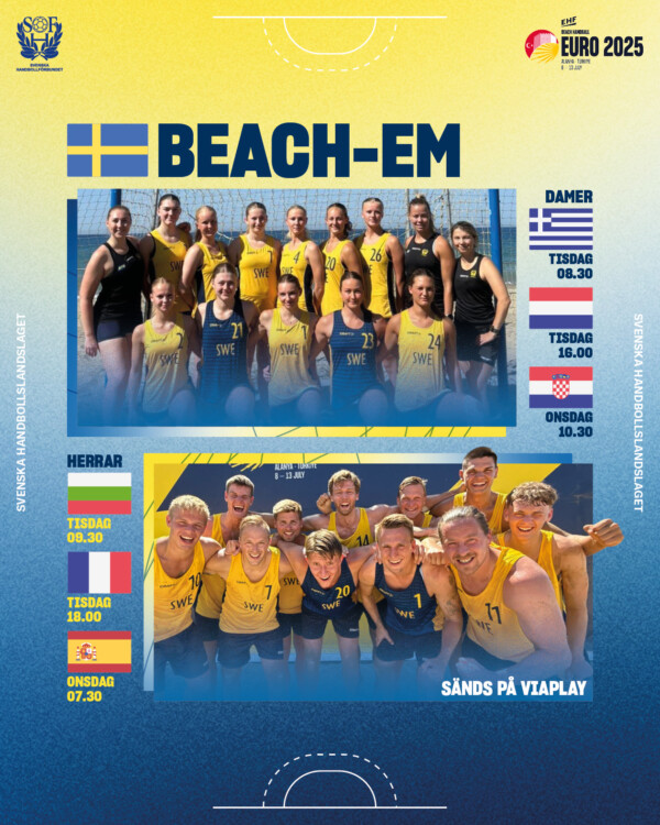 I söndags avslutades U17-EM i beachhandboll – i morgon är det dags för seniorerna att kliva in på sanden i Turkiet. Damerna ställs mot Grekland, Nederländerna och Kroatien i gruppspelet, herrarna mot Bulgarien, Frankrike och Spanien. Samtliga Sveriges matcher sänds på Viaplay.Läs mer på Handbollslandslaget.se.
beachhandball weplaybeachhandball